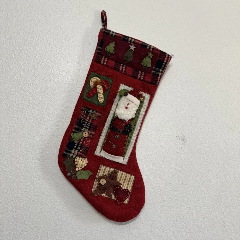Plush 3D Folk Art Primitive Patchwork‎ Christmas Stocking Set Of 2